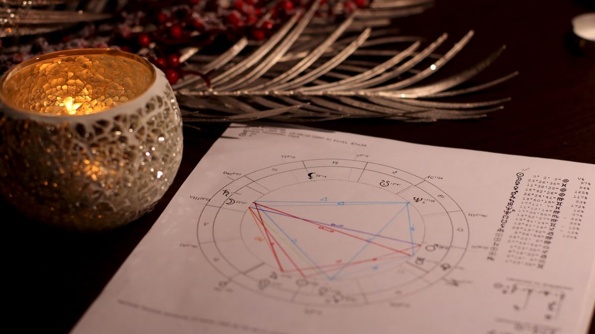 Astrology natal chart on a desk under warm candlelight